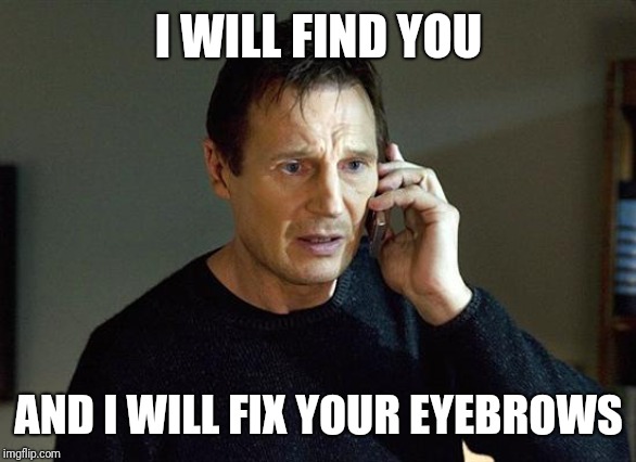 Liam Neeson Taken 2 Meme | I WILL FIND YOU; AND I WILL FIX YOUR EYEBROWS | image tagged in memes,liam neeson taken 2 | made w/ Imgflip meme maker