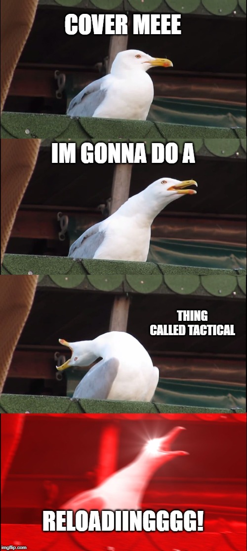 Inhaling Seagull Meme | COVER MEEE; IM GONNA DO A; THING CALLED TACTICAL; RELOADIINGGGG! | image tagged in memes,inhaling seagull | made w/ Imgflip meme maker
