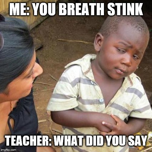 Third World Skeptical Kid | ME: YOU BREATH STINK; TEACHER: WHAT DID YOU SAY | image tagged in memes,third world skeptical kid | made w/ Imgflip meme maker