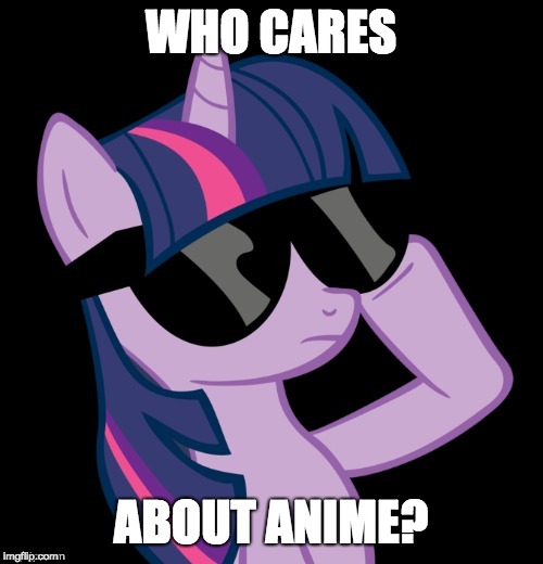 Twilight with shades | WHO CARES ABOUT ANIME? | image tagged in twilight with shades | made w/ Imgflip meme maker