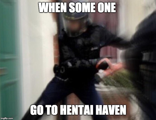 FBI Door Breach | WHEN SOME ONE; GO TO HENTAI HAVEN | image tagged in fbi door breach | made w/ Imgflip meme maker