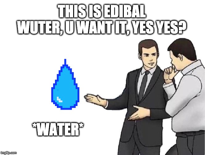 Car Salesman Slaps Hood | THIS IS EDIBAL WUTER, U WANT IT, YES YES? *WATER* | image tagged in memes,car salesman slaps hood | made w/ Imgflip meme maker