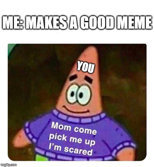 Patrick Mom come pick me up I'm scared | ME: MAKES A GOOD MEME; YOU | image tagged in patrick mom come pick me up i'm scared | made w/ Imgflip meme maker