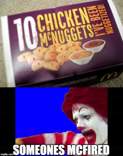 JUST CHANGE IT TO 11 PIECE | SOMEONES MCFIRED | image tagged in chicken nuggets,mcdonalds | made w/ Imgflip meme maker