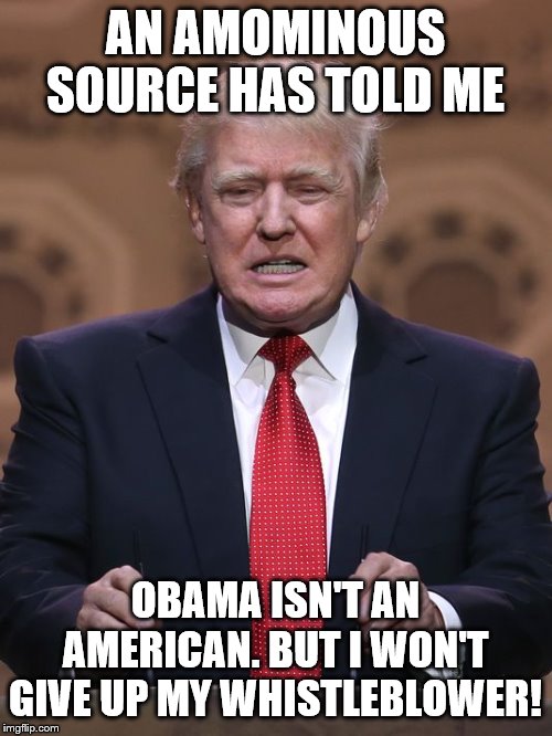 Donald Trump | AN AMOMINOUS SOURCE HAS TOLD ME OBAMA ISN'T AN AMERICAN. BUT I WON'T GIVE UP MY WHISTLEBLOWER! | image tagged in donald trump | made w/ Imgflip meme maker