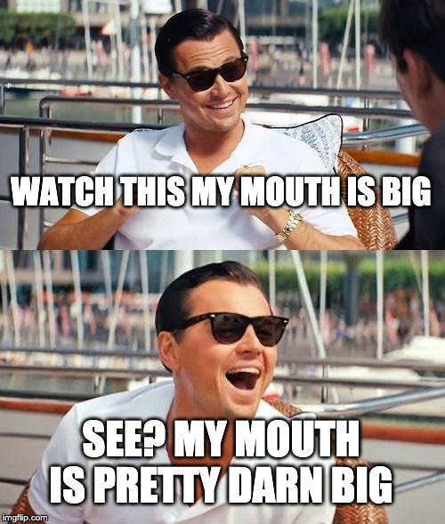 his mouth is pretty darn big tho ;o | WATCH THIS MY MOUTH IS BIG; SEE? MY MOUTH IS PRETTY DARN BIG | image tagged in memes,leonardo dicaprio wolf of wall street | made w/ Imgflip meme maker