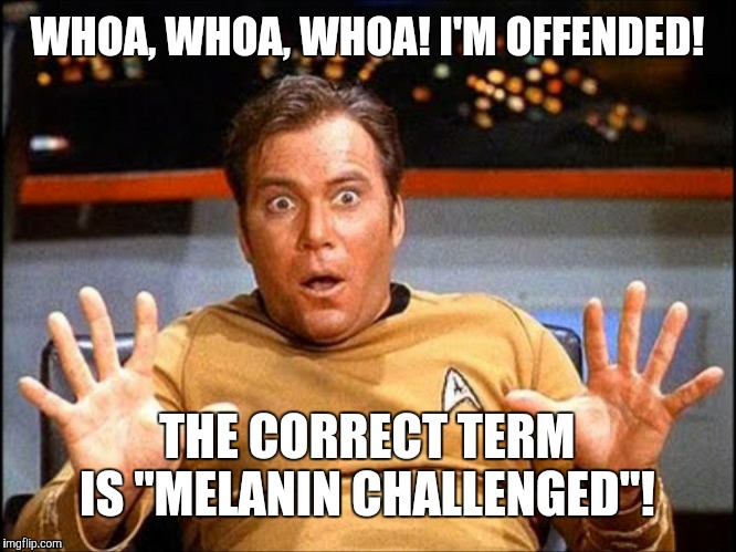 Offended William Shatner | WHOA, WHOA, WHOA! I'M OFFENDED! THE CORRECT TERM IS "MELANIN CHALLENGED"! | image tagged in offended william shatner | made w/ Imgflip meme maker