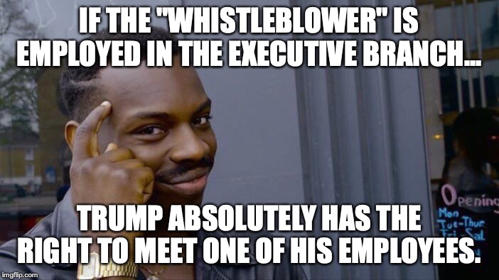 Roll Safe Think About It Meme | IF THE "WHISTLEBLOWER" IS EMPLOYED IN THE EXECUTIVE BRANCH... TRUMP ABSOLUTELY HAS THE RIGHT TO MEET ONE OF HIS EMPLOYEES. | image tagged in memes,roll safe think about it | made w/ Imgflip meme maker