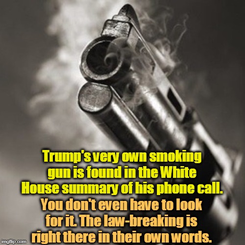 Did Trump mention getting dirt on Biden in the phone call to Zelensky? DEFINITELY. How do we know? The White House tells us so. | Trump's very own smoking gun is found in the White House summary of his phone call. You don't even have to look for it. The law-breaking is right there in their own words. | image tagged in donald trump's very own smoking gun,trump,smoking gun,illegal,criminal,law breaking | made w/ Imgflip meme maker
