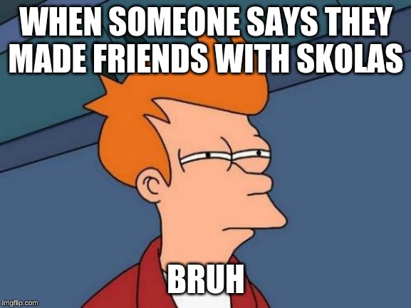 Futurama Fry Meme | WHEN SOMEONE SAYS THEY MADE FRIENDS WITH SKOLAS; BRUH | image tagged in memes,futurama fry | made w/ Imgflip meme maker