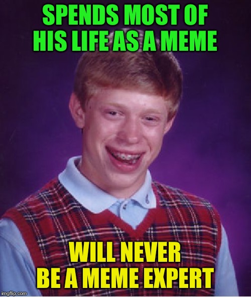 Bad Luck Brian Meme | SPENDS MOST OF HIS LIFE AS A MEME WILL NEVER BE A MEME EXPERT | image tagged in memes,bad luck brian | made w/ Imgflip meme maker