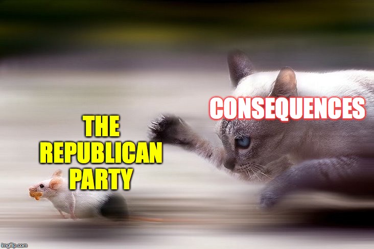 The greatness is almost too much. | CONSEQUENCES; THE REPUBLICAN PARTY | image tagged in memes,republican party,cat and mouse,consequences,i don't see how that's a party | made w/ Imgflip meme maker