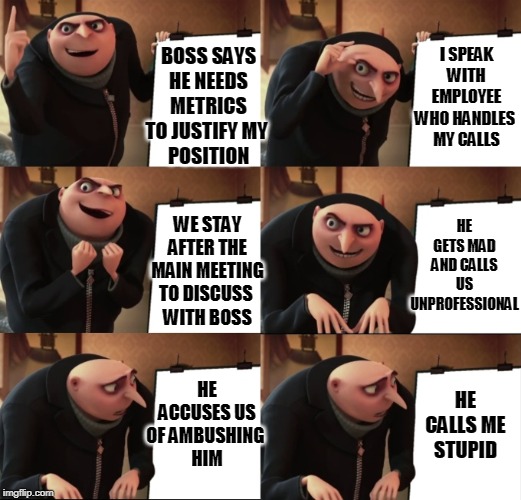 My Boss had a Meltdown and we were in the path | I SPEAK WITH EMPLOYEE WHO HANDLES 
MY CALLS; BOSS SAYS HE NEEDS METRICS TO JUSTIFY MY 
POSITION; HE GETS MAD AND CALLS US UNPROFESSIONAL; WE STAY AFTER THE MAIN MEETING TO DISCUSS 
WITH BOSS; HE ACCUSES US OF AMBUSHING 
HIM; HE CALLS ME STUPID | image tagged in funny,work,gru | made w/ Imgflip meme maker
