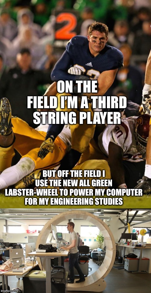 Product endorsements for the third string scrubs | ON THE FIELD I’M A THIRD STRING PLAYER; BUT OFF THE FIELD I USE THE NEW ALL GREEN LABSTER-WHEEL TO POWER MY COMPUTER FOR MY ENGINEERING STUDIES | image tagged in memes,photogenic college football player,startup programmer,college football,product endorsement | made w/ Imgflip meme maker