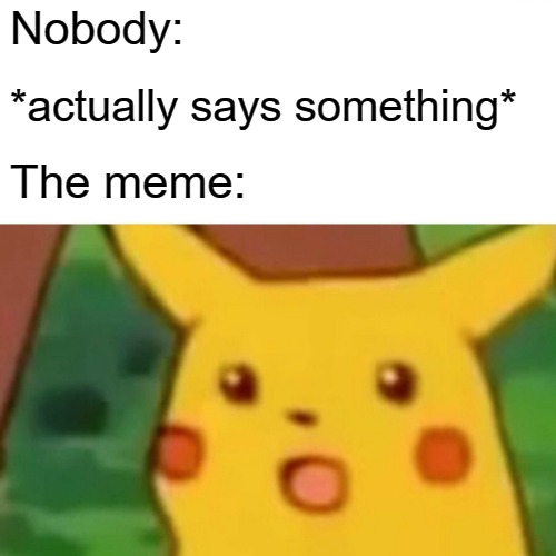 Surprised Pikachu Meme | Nobody:; *actually says something*; The meme: | image tagged in memes,surprised pikachu,nobody | made w/ Imgflip meme maker