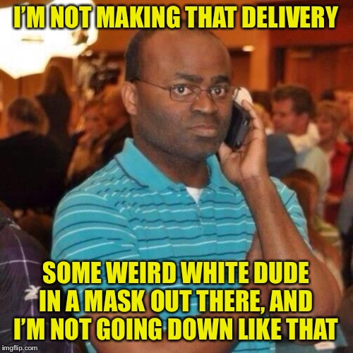 Calling the police | I’M NOT MAKING THAT DELIVERY SOME WEIRD WHITE DUDE IN A MASK OUT THERE, AND I’M NOT GOING DOWN LIKE THAT | image tagged in calling the police | made w/ Imgflip meme maker