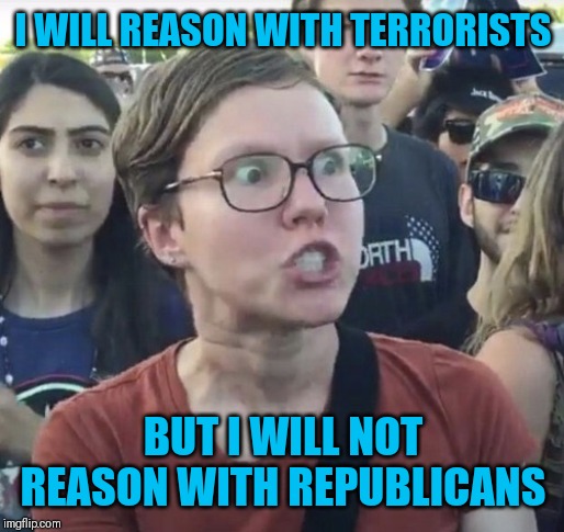 Triggered feminist | I WILL REASON WITH TERRORISTS; BUT I WILL NOT REASON WITH REPUBLICANS | image tagged in triggered feminist | made w/ Imgflip meme maker