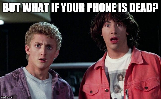 Bill and Ted Woah | BUT WHAT IF YOUR PHONE IS DEAD? | image tagged in bill and ted woah | made w/ Imgflip meme maker