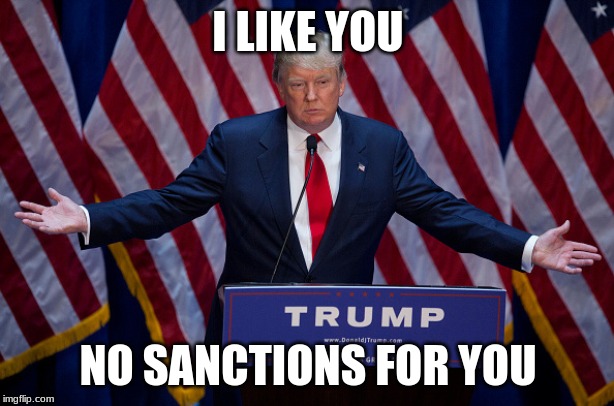 Donald Trump | I LIKE YOU NO SANCTIONS FOR YOU | image tagged in donald trump | made w/ Imgflip meme maker