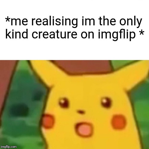 Surprised Pikachu Meme | *me realising im the only kind creature on imgflip * | image tagged in memes,surprised pikachu | made w/ Imgflip meme maker