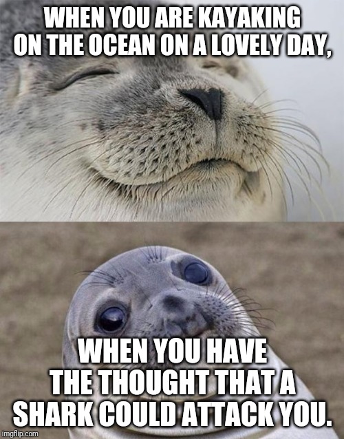Short Satisfaction VS Truth Meme | WHEN YOU ARE KAYAKING ON THE OCEAN ON A LOVELY DAY, WHEN YOU HAVE THE THOUGHT THAT A SHARK COULD ATTACK YOU. | image tagged in memes,short satisfaction vs truth | made w/ Imgflip meme maker