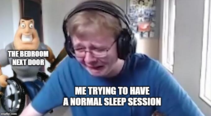 CallMeCarson Crying Next to Joe Swanson | THE BEDROOM NEXT DOOR; ME TRYING TO HAVE A NORMAL SLEEP SESSION | image tagged in callmecarson crying next to joe swanson | made w/ Imgflip meme maker