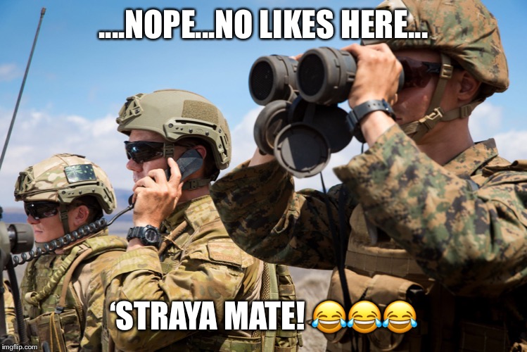 USMC Australian Army Soldiers Radio binoculars lookout | ....NOPE...NO LIKES HERE... ‘STRAYA MATE! 😂😂😂 | image tagged in usmc australian army soldiers radio binoculars lookout | made w/ Imgflip meme maker