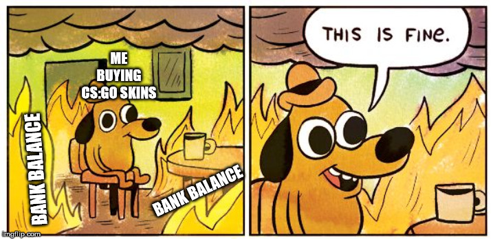 This Is Fine | ME
BUYING CS:GO SKINS; BANK BALANCE; BANK BALANCE | image tagged in this is fine dog,csgo,csgoskins,skinbaron,pc gaming,online gaming | made w/ Imgflip meme maker