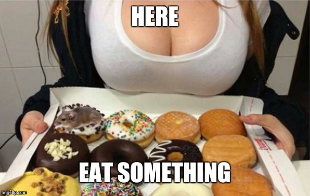 Oh Wow! Doughnuts! | HERE EAT SOMETHING | image tagged in oh wow doughnuts | made w/ Imgflip meme maker