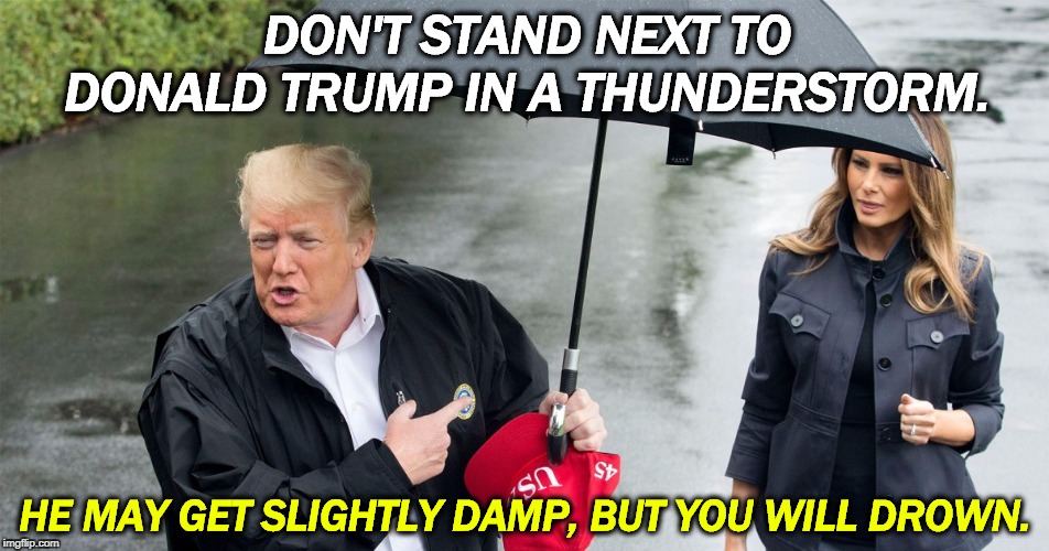 Memo to Mike Pompeo, William Barr and Rudy Giuliani. | DON'T STAND NEXT TO DONALD TRUMP IN A THUNDERSTORM. HE MAY GET SLIGHTLY DAMP, BUT YOU WILL DROWN. | image tagged in trump dry under umbrella melania soaking wet in the rain,trump,umbrella,rain,melania,pig | made w/ Imgflip meme maker
