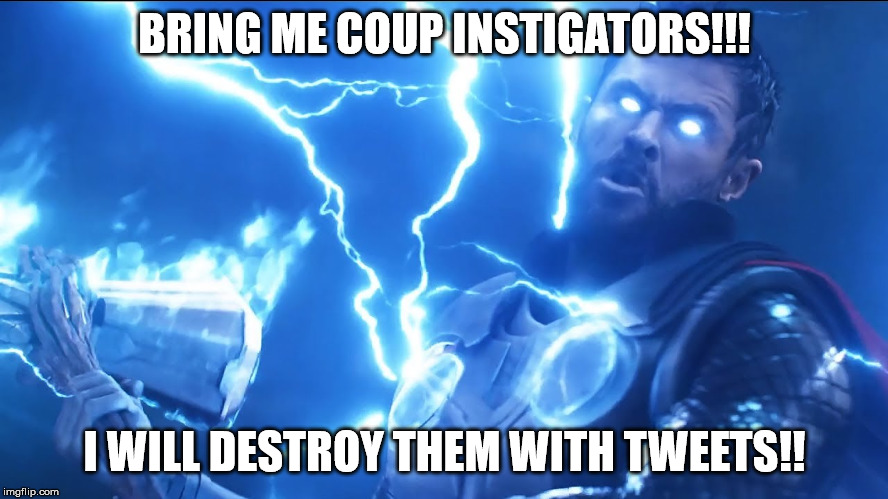 Bring me Thanos | BRING ME COUP INSTIGATORS!!! I WILL DESTROY THEM WITH TWEETS!! | image tagged in bring me thanos | made w/ Imgflip meme maker