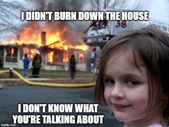 Disaster Girl Meme | I DIDN'T BURN DOWN THE HOUSE; I DON'T KNOW WHAT YOU'RE TALKING ABOUT | image tagged in memes,disaster girl | made w/ Imgflip meme maker