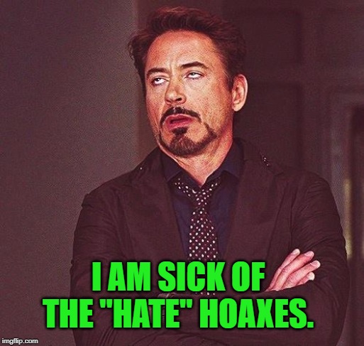 Robert Downey Jr Annoyed | I AM SICK OF THE "HATE" HOAXES. | image tagged in robert downey jr annoyed | made w/ Imgflip meme maker