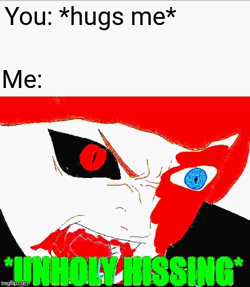 You: *hugs me* Me: | image tagged in blaze the blaziken unholy hissing | made w/ Imgflip meme maker