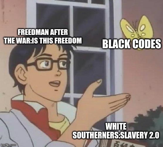 Is This A Pigeon | FREEDMAN AFTER THE WAR:IS THIS FREEDOM; BLACK CODES; WHITE SOUTHERNERS:SLAVERY 2.0 | image tagged in memes,is this a pigeon | made w/ Imgflip meme maker