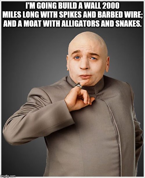 Dr. Evil Guilds His Wall | I'M GOING BUILD A WALL 2000 MILES LONG WITH SPIKES AND BARBED WIRE; AND A MOAT WITH ALLIGATORS AND SNAKES. | image tagged in memes,dr evil | made w/ Imgflip meme maker