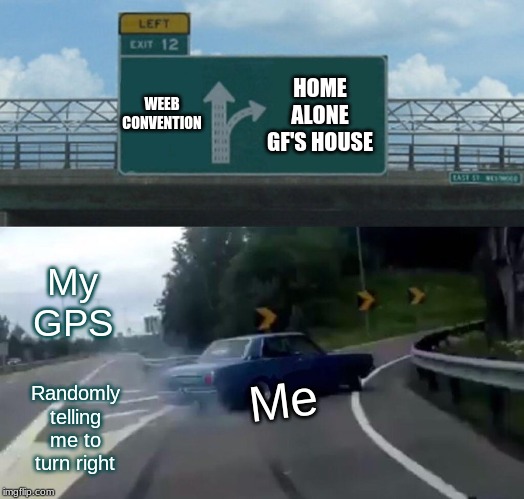 Left Exit 12 Off Ramp Meme | WEEB CONVENTION; HOME ALONE GF'S HOUSE; My GPS; Me; Randomly telling me to turn right | image tagged in memes,left exit 12 off ramp | made w/ Imgflip meme maker