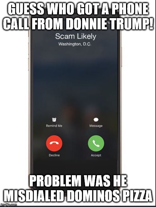 Trump phone call | GUESS WHO GOT A PHONE CALL FROM DONNIE TRUMP! PROBLEM WAS HE MISDIALED DOMINOS PIZZA | image tagged in trump phone call | made w/ Imgflip meme maker