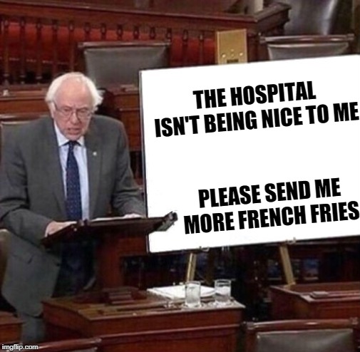 Bernie Sanders Poster | THE HOSPITAL ISN'T BEING NICE TO ME; PLEASE SEND ME MORE FRENCH FRIES | image tagged in bernie sanders poster | made w/ Imgflip meme maker