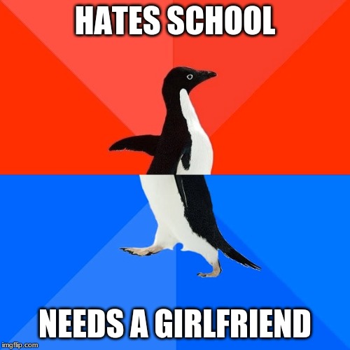 Socially Awesome Awkward Penguin Meme | HATES SCHOOL; NEEDS A GIRLFRIEND | image tagged in memes,socially awesome awkward penguin | made w/ Imgflip meme maker