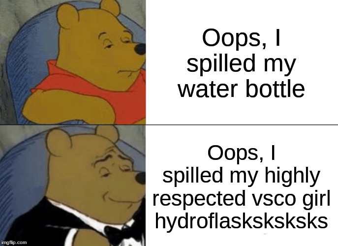 Tuxedo Winnie The Pooh | Oops, I spilled my water bottle; Oops, I spilled my highly respected vsco girl hydroflasksksksks | image tagged in memes,tuxedo winnie the pooh | made w/ Imgflip meme maker