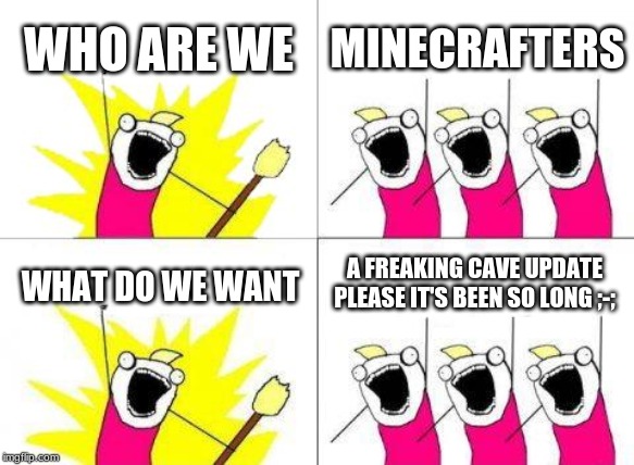 What Do We Want | WHO ARE WE; MINECRAFTERS; A FREAKING CAVE UPDATE PLEASE IT'S BEEN SO LONG ;-;; WHAT DO WE WANT | image tagged in memes,what do we want | made w/ Imgflip meme maker