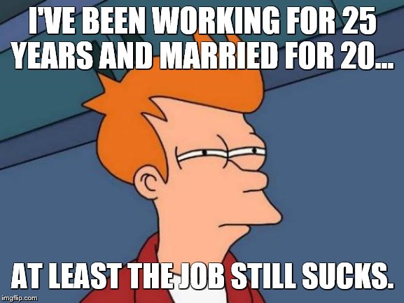 Futurama Fry Meme | I'VE BEEN WORKING FOR 25 YEARS AND MARRIED FOR 20... AT LEAST THE JOB STILL SUCKS. | image tagged in memes,futurama fry | made w/ Imgflip meme maker