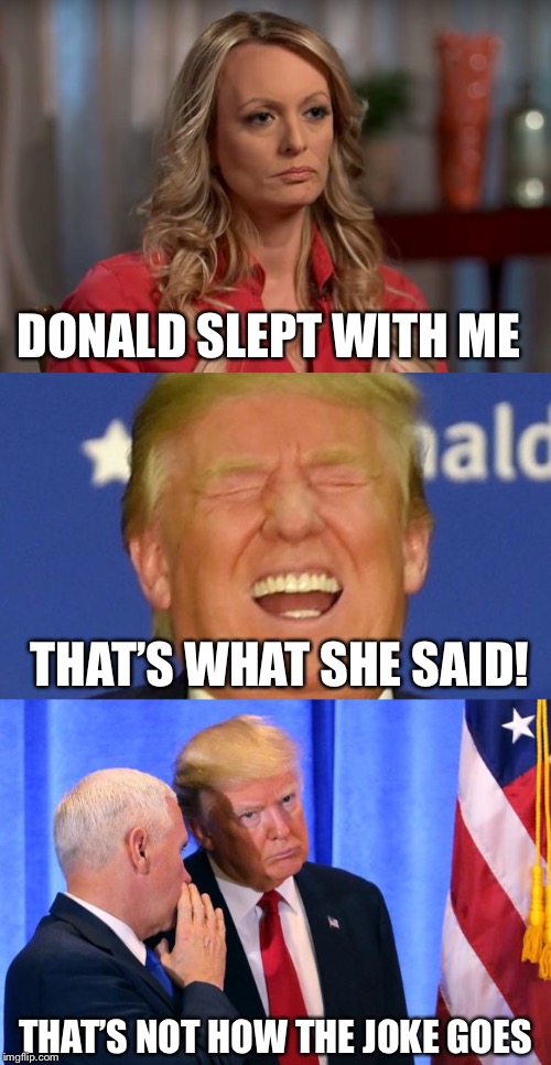 DONALD SLEPT WITH ME THAT’S WHAT SHE SAID! THAT’S NOT HOW THE JOKE GOES | image tagged in trump laughing,stormy daniels | made w/ Imgflip meme maker