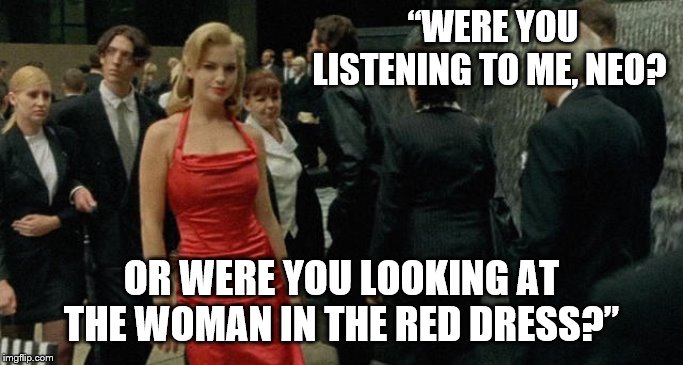 “WERE YOU LISTENING TO ME, NEO? OR WERE YOU LOOKING AT THE WOMAN IN THE RED DRESS?” | made w/ Imgflip meme maker