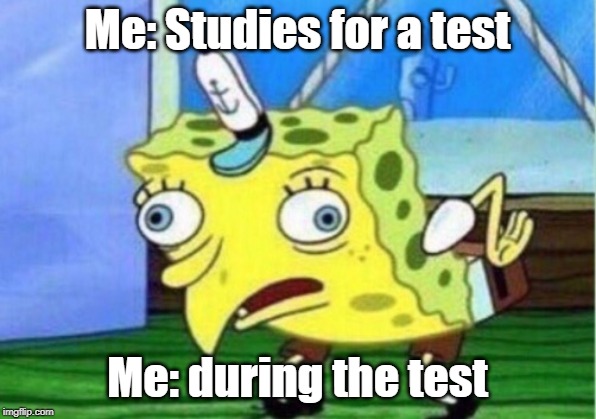 Mocking Spongebob | Me: Studies for a test; Me: during the test | image tagged in memes,mocking spongebob | made w/ Imgflip meme maker
