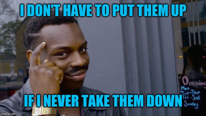 Roll Safe Think About It Meme | I DON'T HAVE TO PUT THEM UP IF I NEVER TAKE THEM DOWN | image tagged in memes,roll safe think about it | made w/ Imgflip meme maker