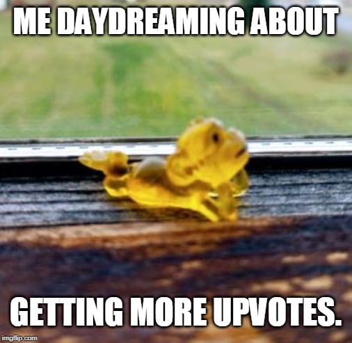 Yellow Daydreaming Monkey | ME DAYDREAMING ABOUT; GETTING MORE UPVOTES. | image tagged in yellow daydreaming monkey | made w/ Imgflip meme maker