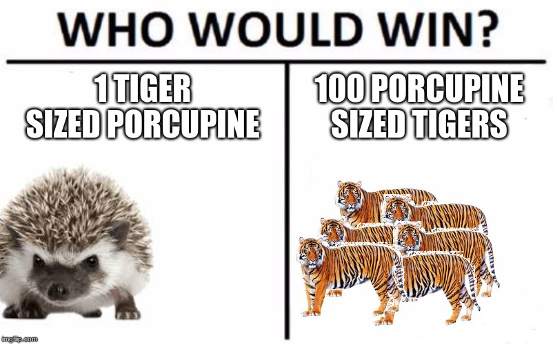 Who Would Win? Meme | 1 TIGER SIZED PORCUPINE; 100 PORCUPINE SIZED TIGERS | image tagged in memes,who would win | made w/ Imgflip meme maker