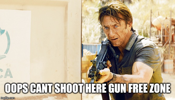 Sean Penn Gunman | OOPS CANT SHOOT HERE GUN FREE ZONE | image tagged in sean penn gunman | made w/ Imgflip meme maker